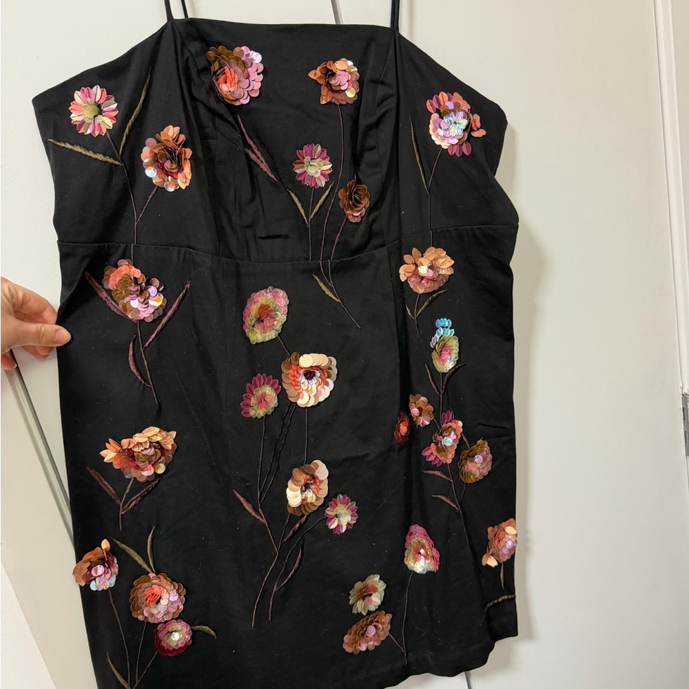 Anthropologie Black Mini Dress with Multicolor Sequin Floral Appliqués